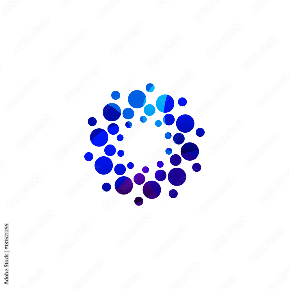 Digital colorful isolated circle logo template. Stylized abstract snowflake, flower or sun vector illustration. Polka dots round sign.
