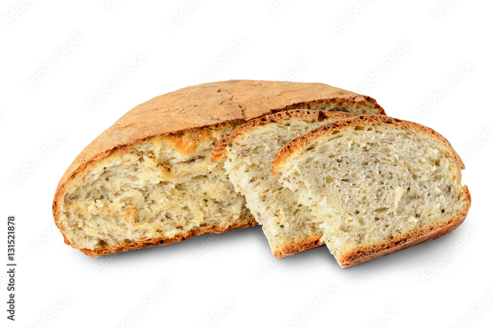 Sliced loaf of homemade bread made with herbs and spices isolated on white, clipping Path included Sliced loaf of homemade bread made with herbs and spices isolated on white, clipping Path included