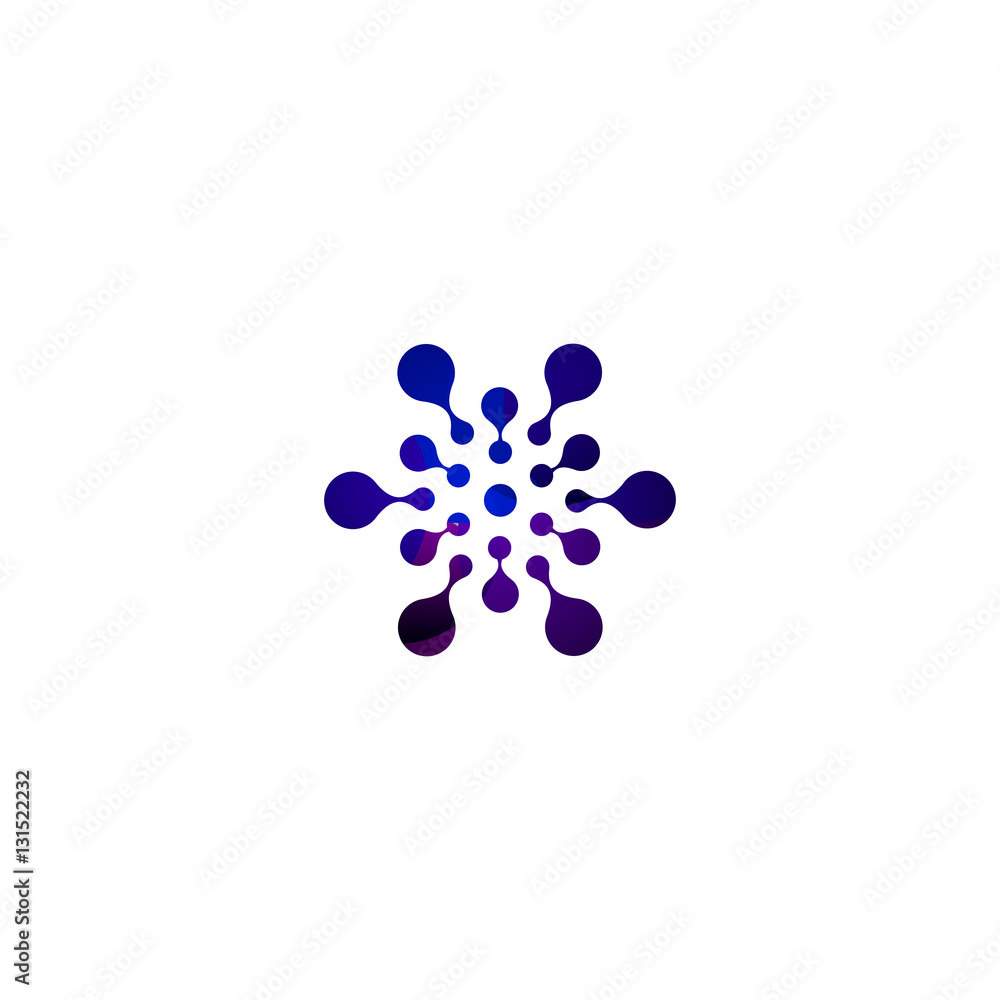 Digital colorful isolated circle logo template. Stylized abstract snowflake, flower or sun vector illustration. Polka dots round sign.