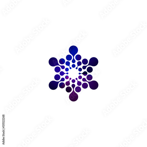 Digital colorful isolated circle logo template. Stylized abstract snowflake  flower or sun vector illustration. Polka dots round sign.