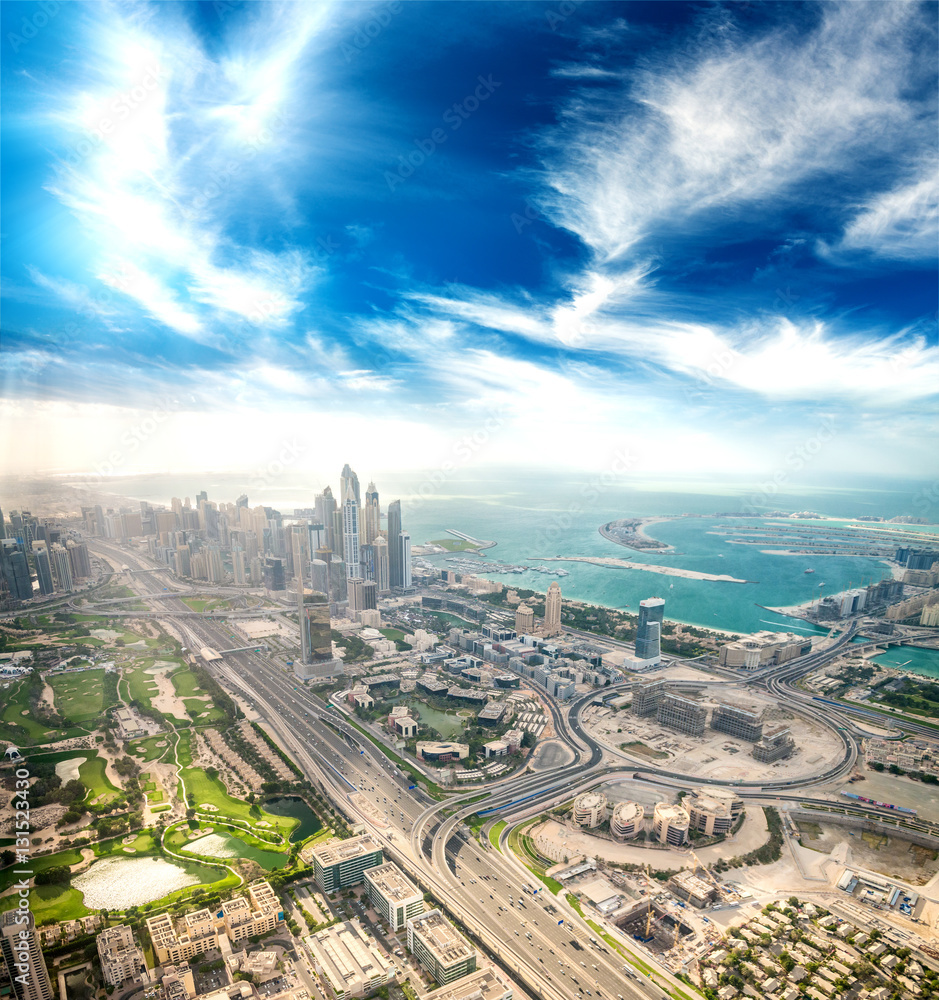Fototapeta premium Downtown Dubai from the air. Sheikh Zayed road, skyscrapers and