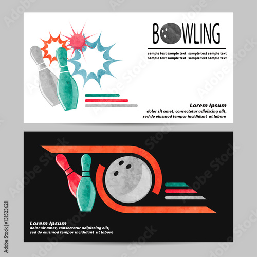 Bowling vector poster, flyer or banner design. Watercolor colorful bowling pins and balls illustration. 