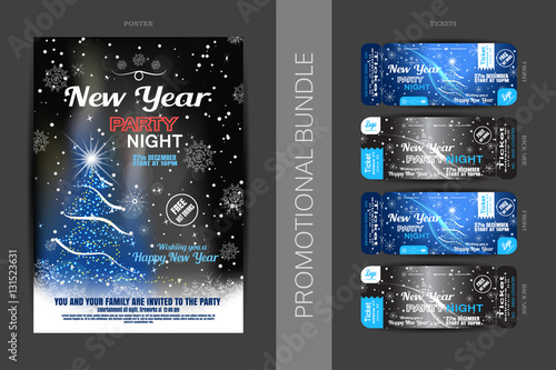 Vector New Year night party promotional bundle of poster and tickets on the dark gray and blue gradient background with Christmas tree, snowflakes and snowfall.