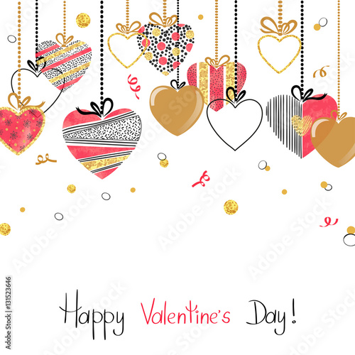 Hanging hearts. Valentines day card design. Vector illustration. 