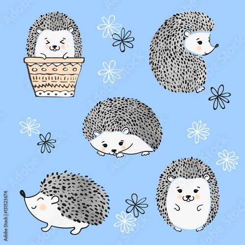 Set of cute watercolor hedgehogs. Vector illustration. 