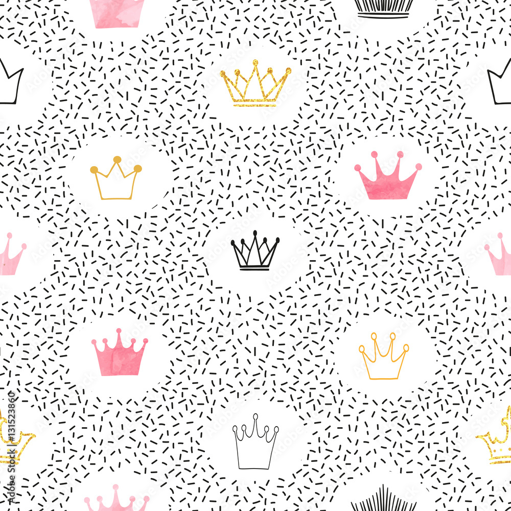 Seamless watercolor and glittering crowns pattern. Vector background. 