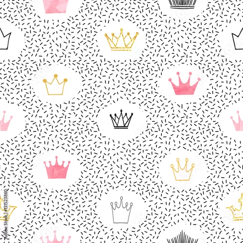 Tapety Jednolite wzór akwarela i błyszczące korony. Tło wektor.