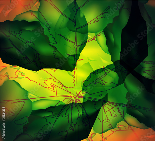 Abstract background. Leaf veins. Stone cubes. Nature banner. Green, orange and yellow tones.