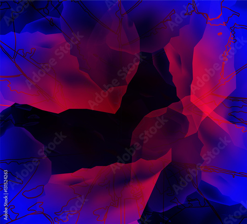 Abstract background. Leaf veins. Stone cubes. Explore banner.  Neon blue,red and black  tones.