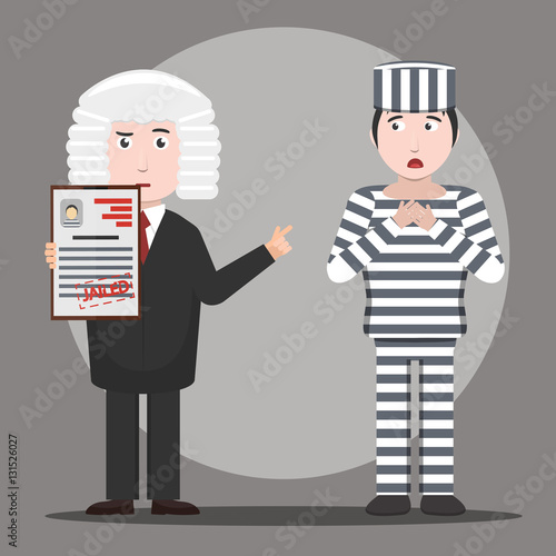 Vector cartoon illustration of judge adjudicating the prisoner character. Concept of justice and law.