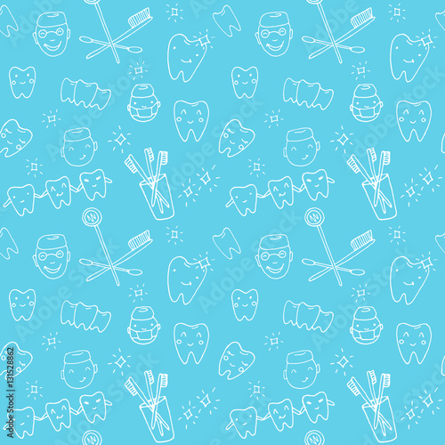 Seamless vector pattern - kawaii dentist, set of hand drawn objects. Cute sketch with doctor, teeth, toothbrush, smile and dental tools