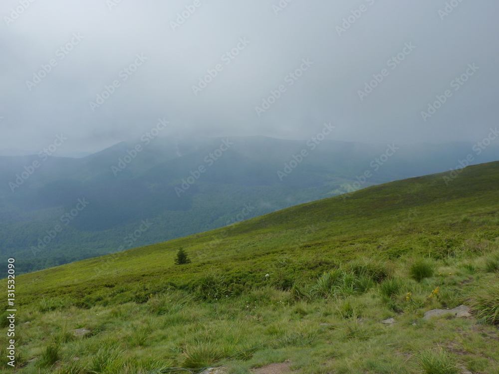 Foggy mountains. Beautiful landscape rainy clouds moody weather colors scenic background. Bieszczady mountains, Poland