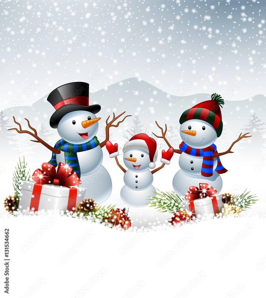 Set of cartoon snowman with Christmas background