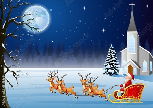 Santa Claus rides reindeer sleigh in front of church in Christmas night