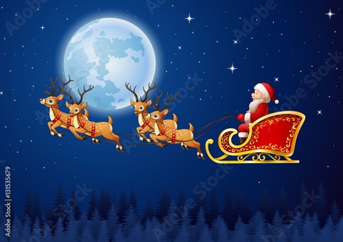 Santa Claus rides reindeer sleigh flying in the sky