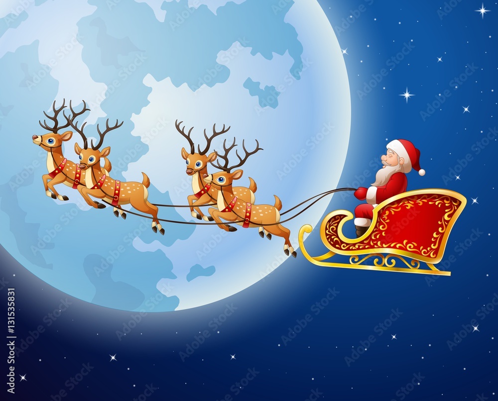 Naklejka premium Santa Claus rides reindeer sleigh against a full moon background