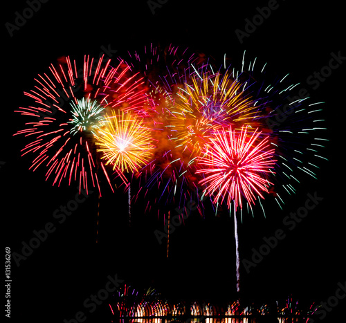 Colorful fireworks on black background at international competition in Montreal
