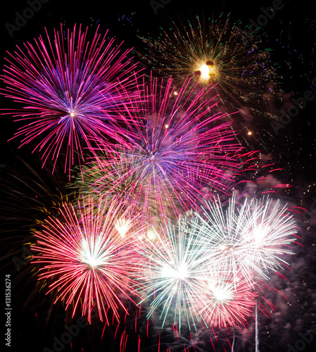Colorful fireworks on black background at international competition in Montreal