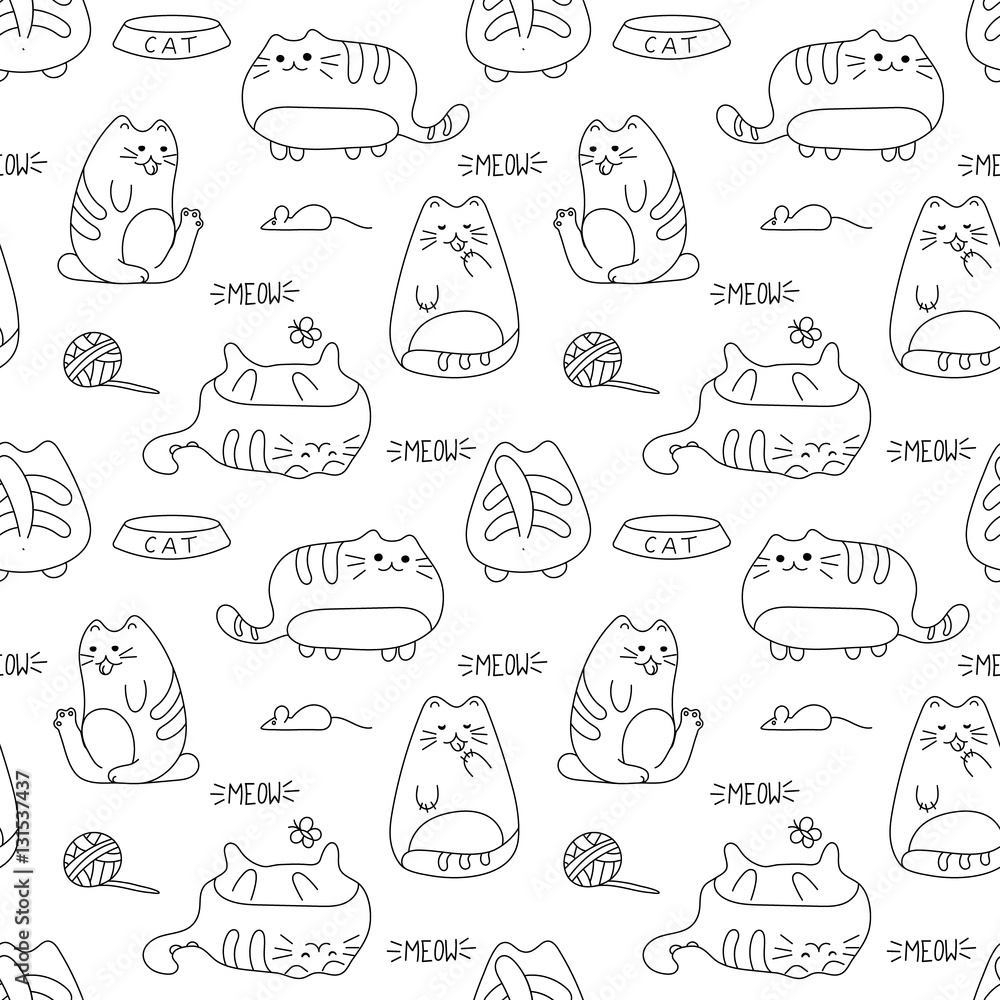 Vector seamless texture with kawaii cat and accessories. illustration Vector seamless texture with kawaii cat and accessories. illustration