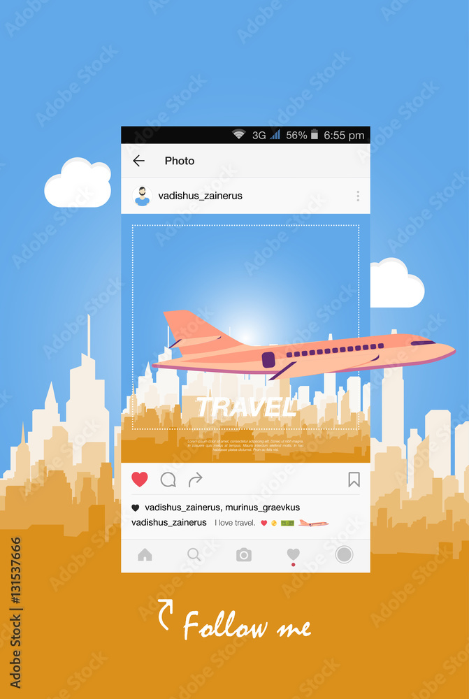 Mobile application and plane flying over the city. Flat vector illustration on the topic of tourism.