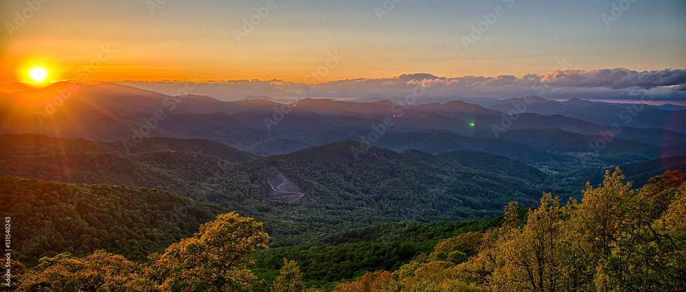 Blue Ridge Parkway summer Appalachian Mountains Sunset - obrazy, fototapety, plakaty 