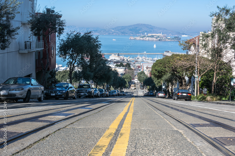 View of Hyde Street, the Bay and Alcatraz Island in San Francisco
