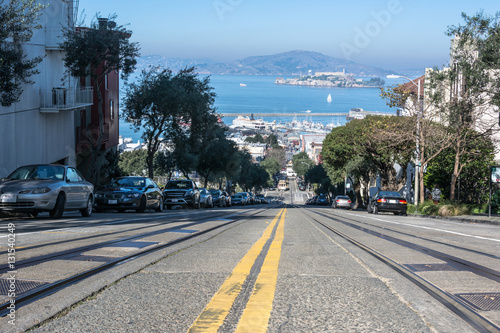 View of Hyde Street, the Bay and Alcatraz Island in San Francisco 