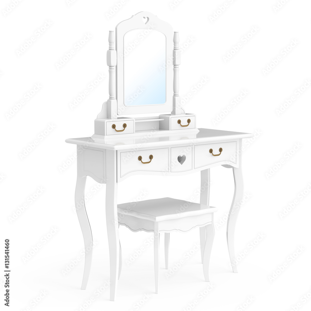 Antique Bedroom Vanity Table with Stool and Mirror. 3d Rendering Antique Bedroom Vanity Table with Stool and Mirror. 3d Rendering