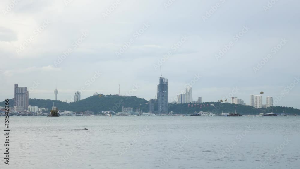 Pattaya beach, boats and city aerial view, Chonburi, Thailand
