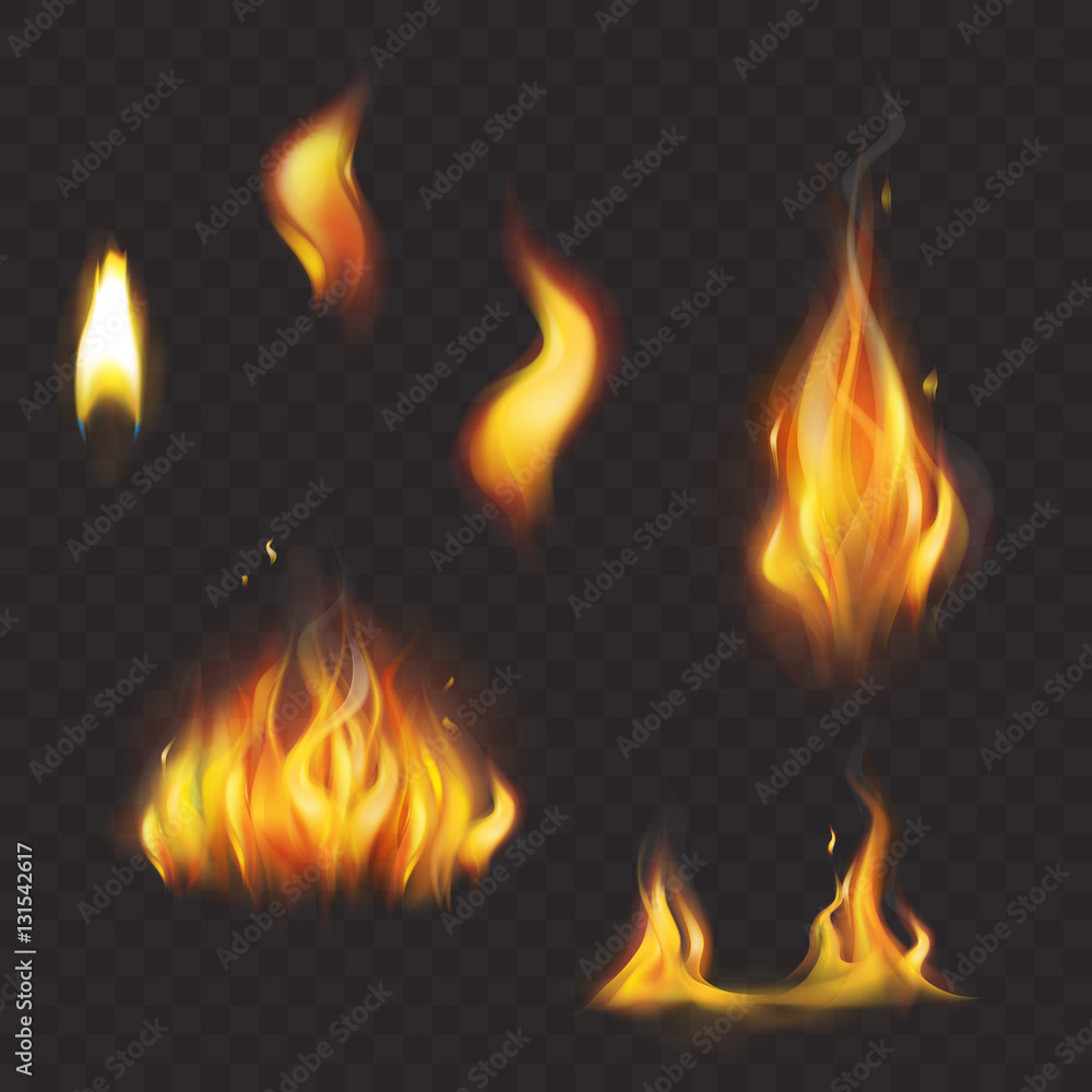 Set of realistic flame tongues isolated on a dark background. Set of realistic flame tongues isolated on a dark background.