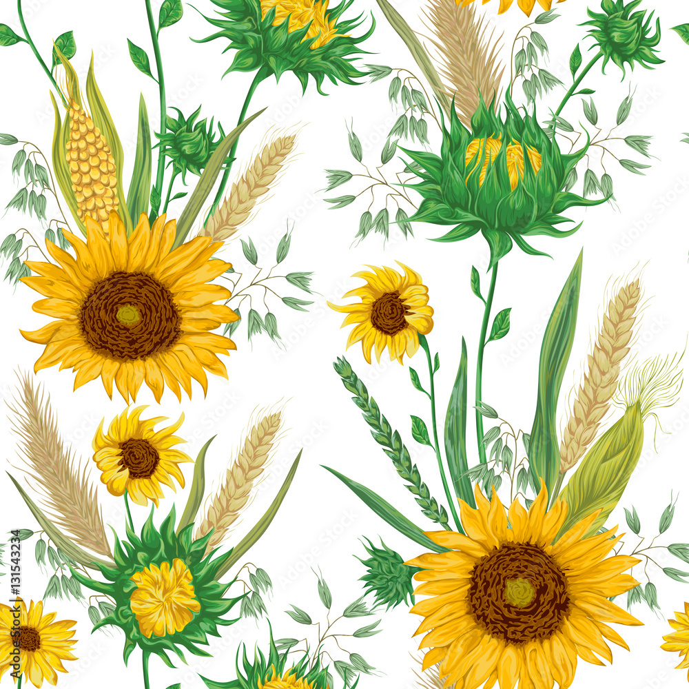 Seamless pattern with cereals and sunflowers. Barley, wheat, rye, corn and oat. Rustic floral background. Vintage vector botanical illustration in watercolor style. Seamless pattern with cereals and sunflowers. Barley, wheat, rye, corn and oat. Rustic floral background. Vintage vector botanical illustration in watercolor style.