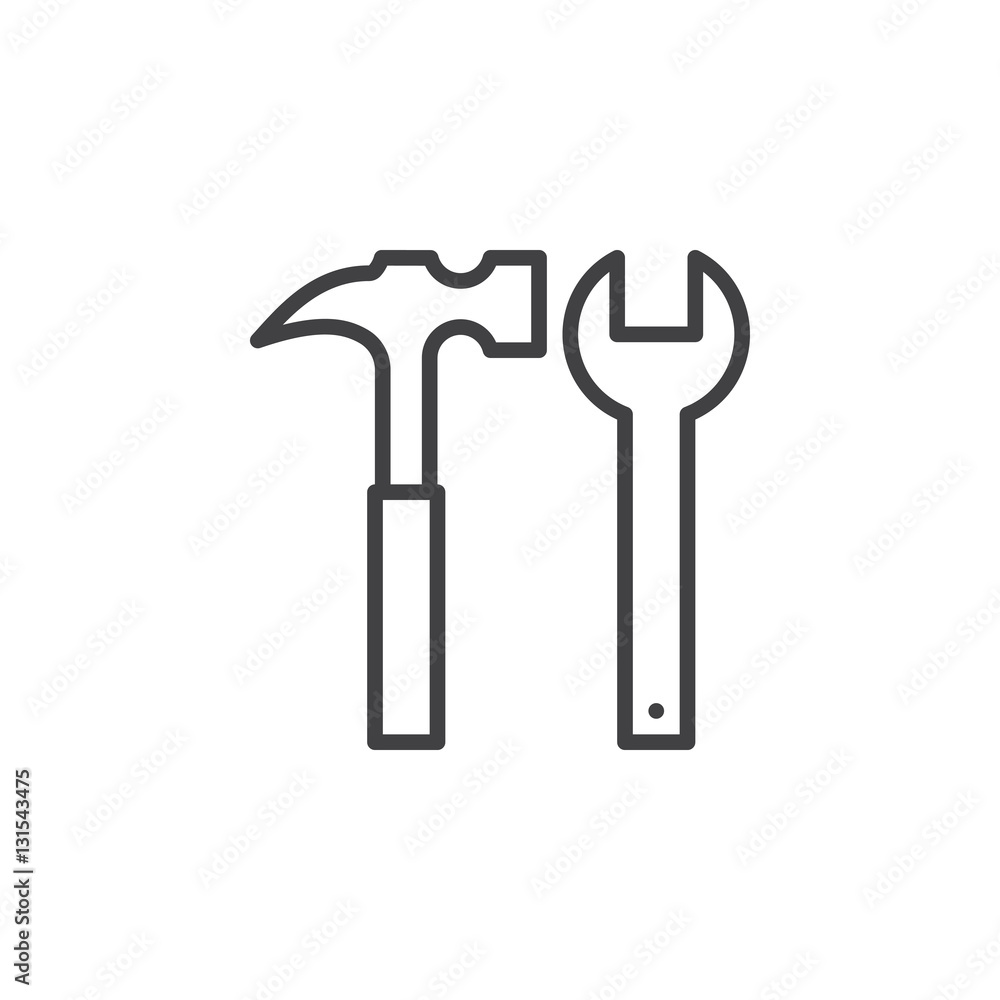 Hammer and wrench line icon, outline vector sign, linear pictogram isolated on white. Tools symbol, logo illustration Hammer and wrench line icon, outline vector sign, linear pictogram isolated on white. Tools symbol, logo illustration