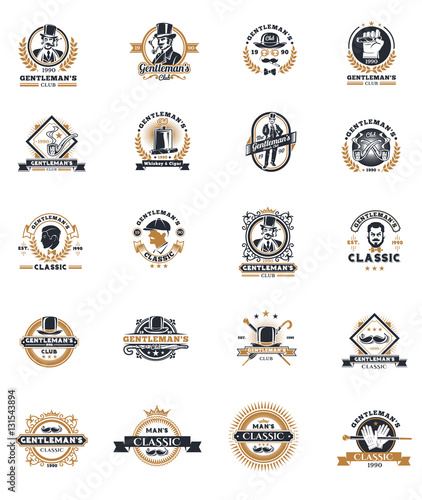 Set of vintage gentleman emblems, labels.