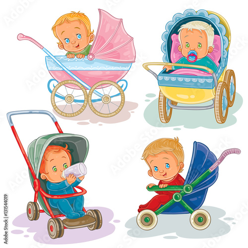Set illustrations of little kids in a baby carriage and stroller