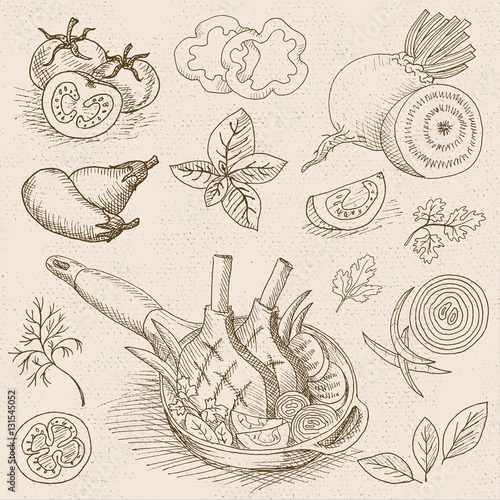 Set of chalk drawn on a blackboard food, spices.