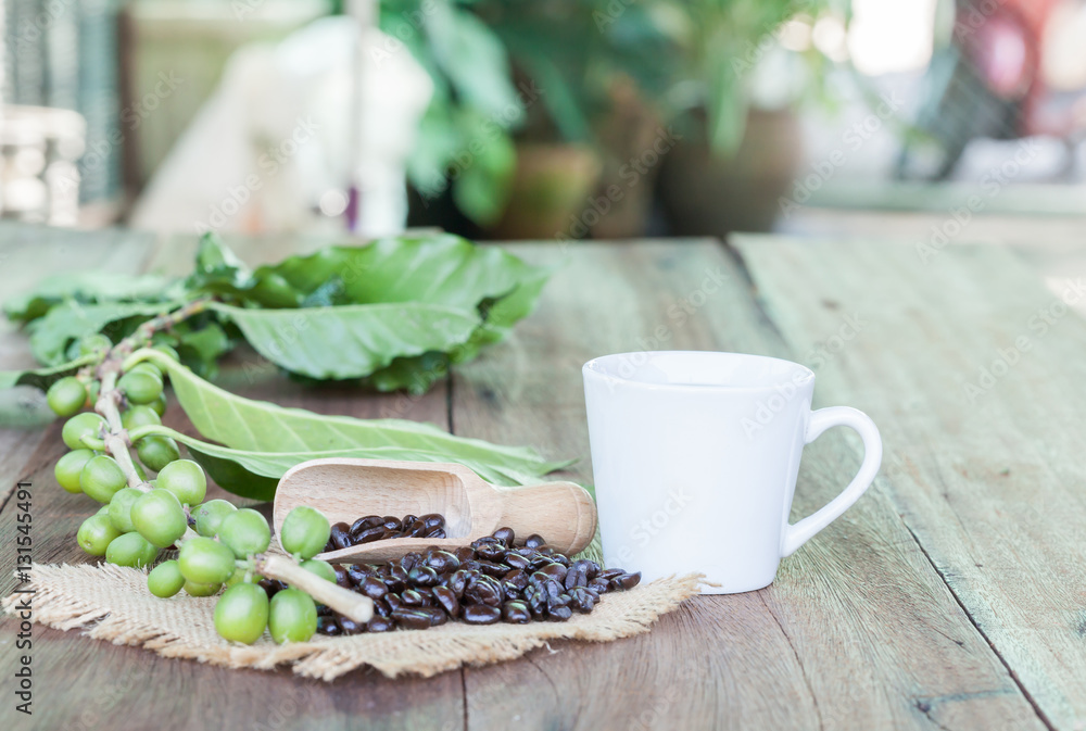 Fresh coffee beans on wood and coffee cup Fresh coffee beans on wood and coffee cup