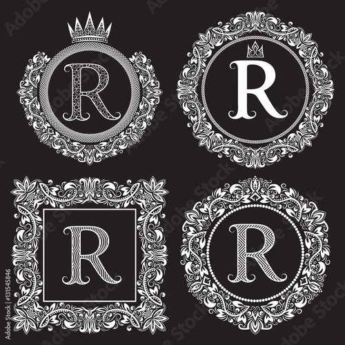 Vintage monograms set of R letter. Heraldic coats of arms in wreaths, round and square frames. White symbols on black.