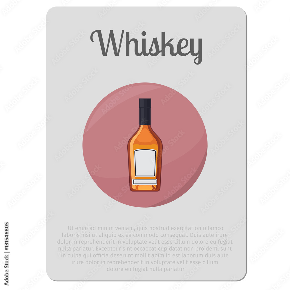 Whiskey alcohol. Sticker with bottle and description vector illustration