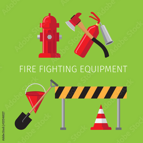 Fire fighting equipment on green background vector illustration