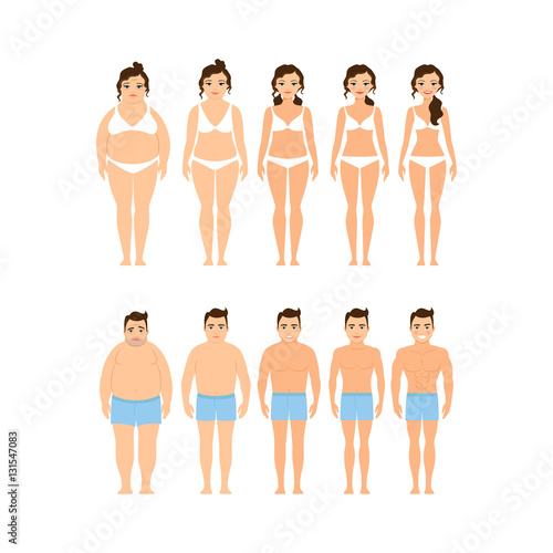 Cartoon woman and man before and after diet vector illustration