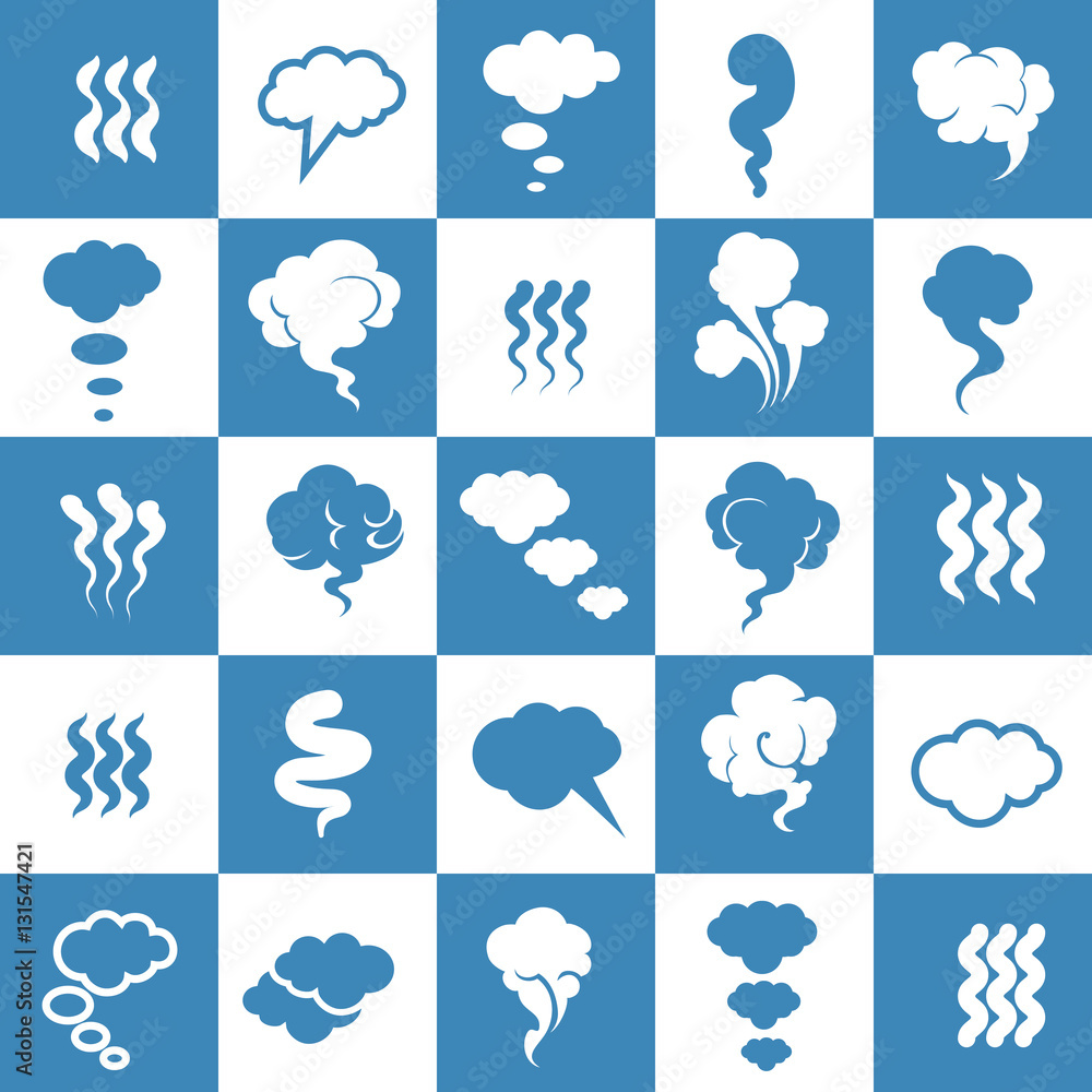 Obraz premium Smoking and steaming silhouette icons. Cigarette smoke clouds vector illustration