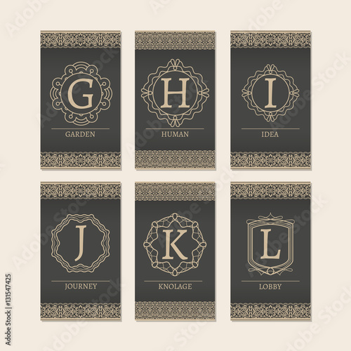 Cards set with monogram logos and borders. Letters G-L vector illustration