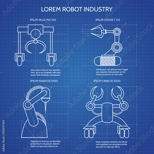 Robot arms blueprint vector illustration. Industrial robotic armed machines