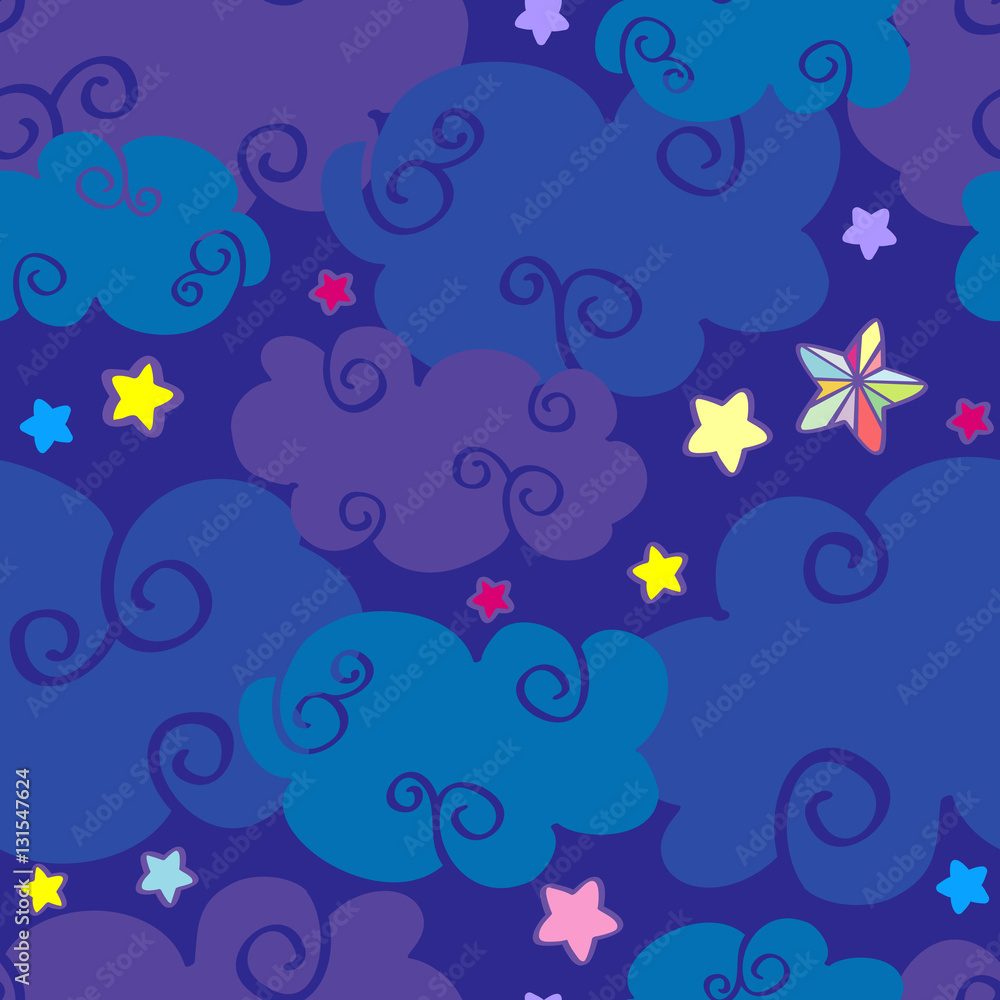 Vector cartoon clouds and stars nighttime seamless pattern