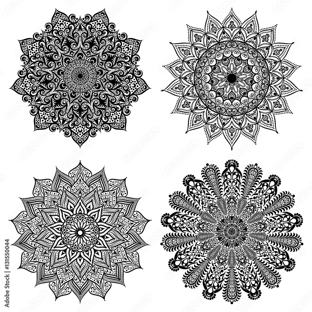 Black and white collection round circle lace pattern mandala. Vector