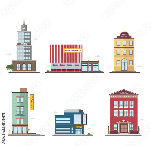 Modern buildings in different architectural styles. Architecture construction: bank, hotel, supermarket, post office, police, school. Flat vector illustration.