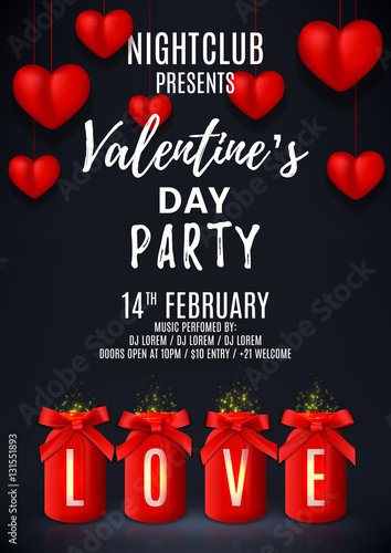 Happy Valentine's Day party poster. Beautiful backdrop with red hearts and jars with text - LOVE. Vector illustration with lights and bows. Invitation to nightclub.