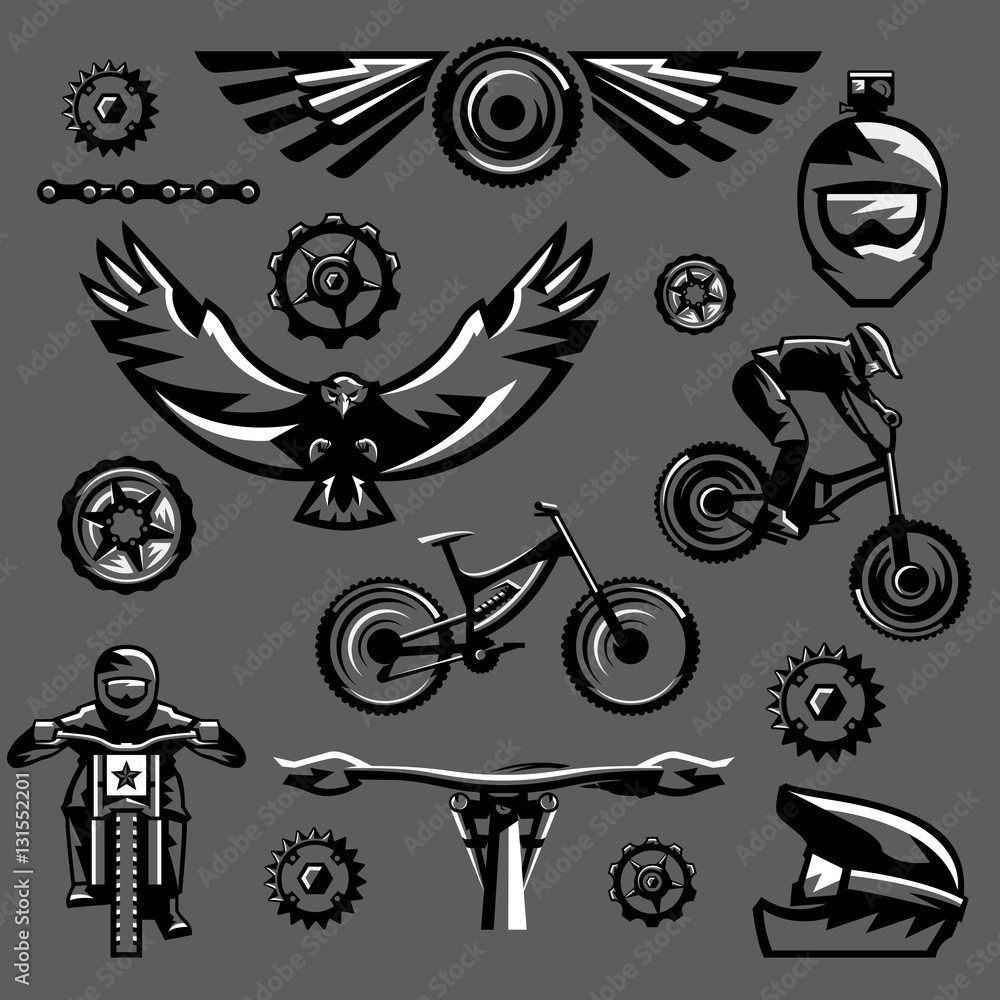 Set of black and white elements on a mountain bike and extreme sport. Helmet, sunglasses, camera, eagle, fly, wings, parts, rider, landscape, repair, spare parts. Isolated on background.