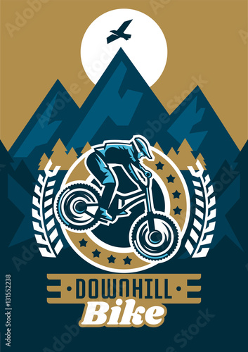 Vector illustration on the theme of extreme sport and mountain biking. Landscape, forest, fresh air. The invitation to the event. A cyclist coming down the mountain. Downhill