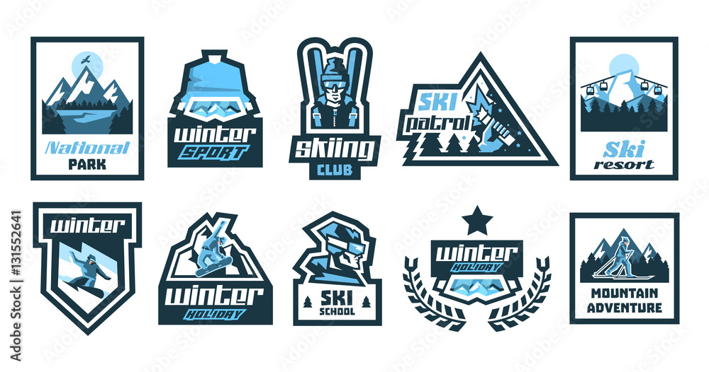 Set logos, stickers, posters on the theme of skiing, winter holidays, extreme sports, snowboard. Isolated objects on the background. Mountain, forest, river, eagle, sun, skier, glasses, jacket, hat.